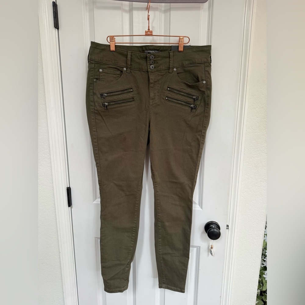 Torrid Olive Green Jeggings with Edgy Zipper Accents